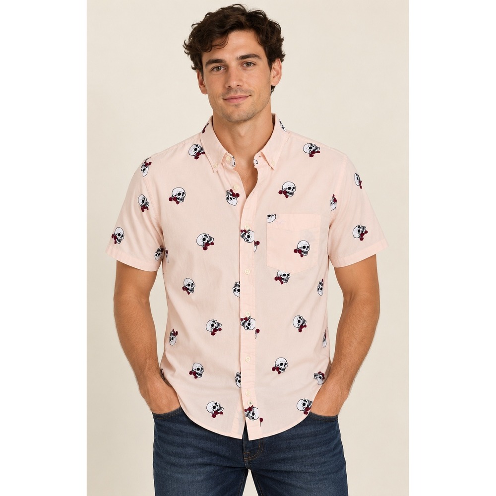 Hollister Mens Epic Flex Skull Rose Print Short Sleeve Button Down Pink M